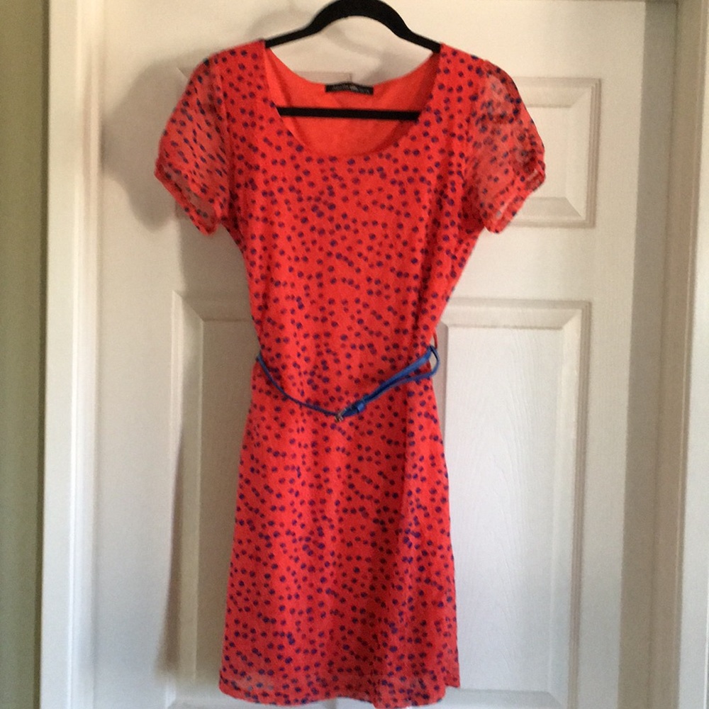 Orange dress with blue polka dots